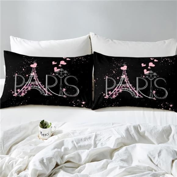 Paris Comforter Cover Set Queen Size Eiffel Tower Bedding Set Kids Girls Black - Picture 4 of 6